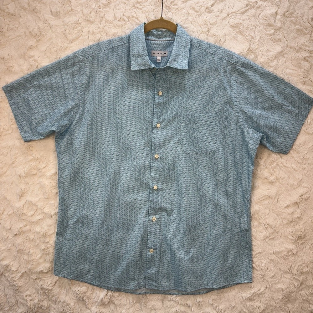 Peter Millar Men's Large Short Sleeve Button Down Aqua Blue Polka Dot